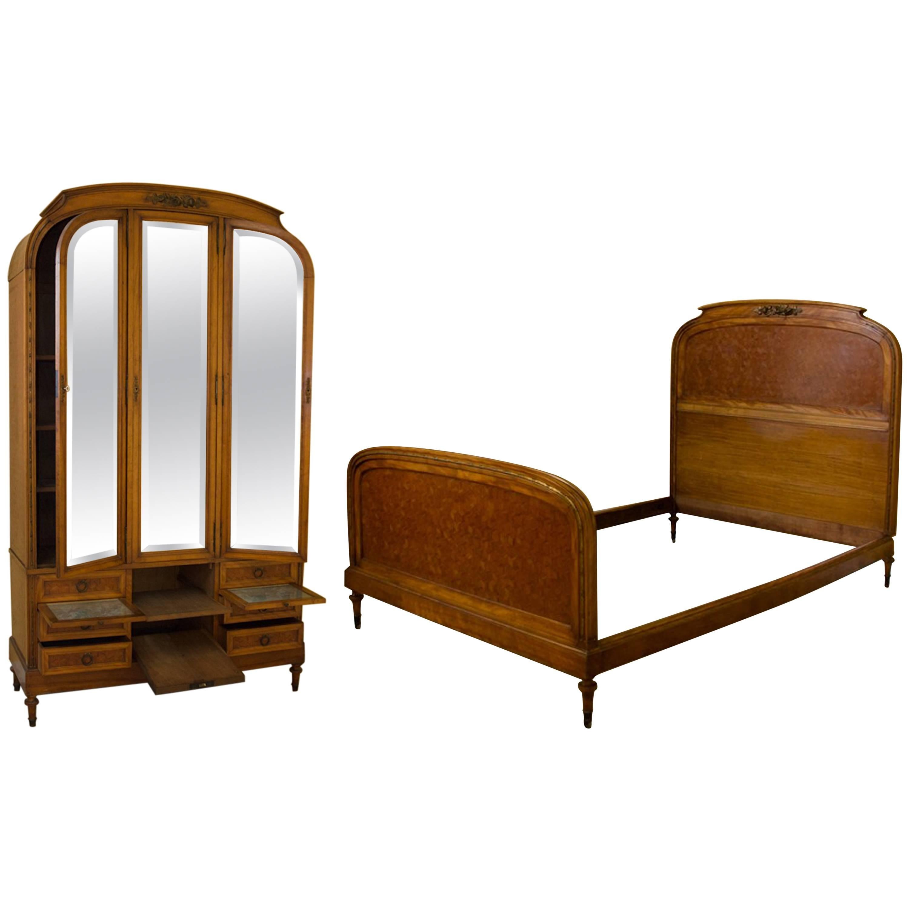 Art Deco Armoire Dressing Table Compendium and Bed For Sale