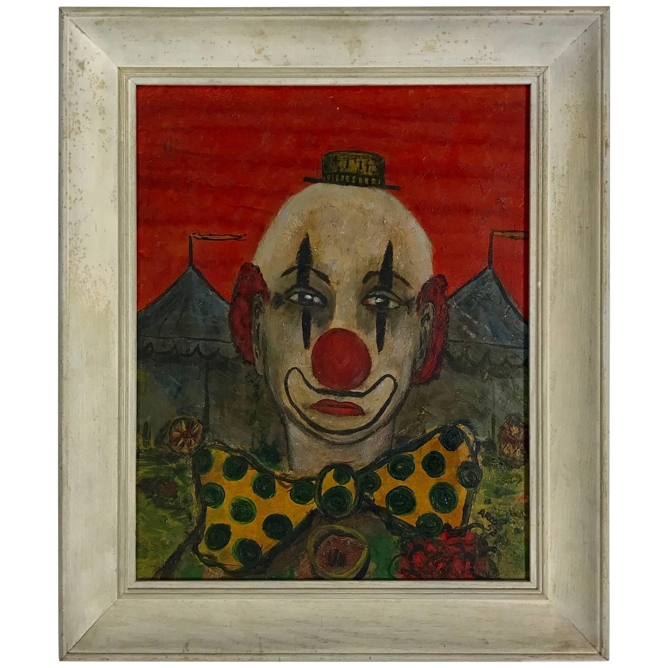 Whimsical Oil on Board Painting 'Clown by Joe Arcos 1952