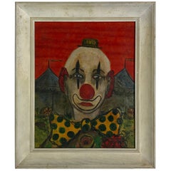 Whimsical Oil on Board Painting 'Clown by Joe Arcos 1952