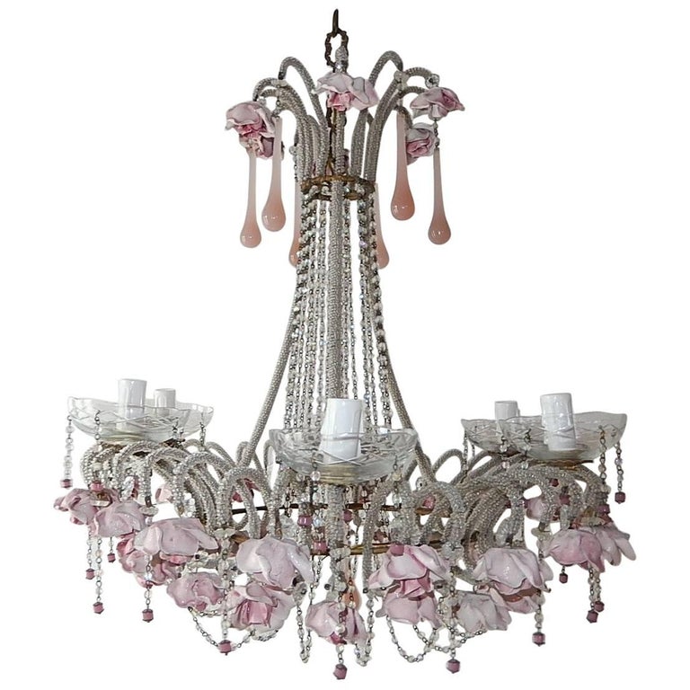 French Beaded Pink Opaline Porcelain Roses Chandelier, circa 1920 For