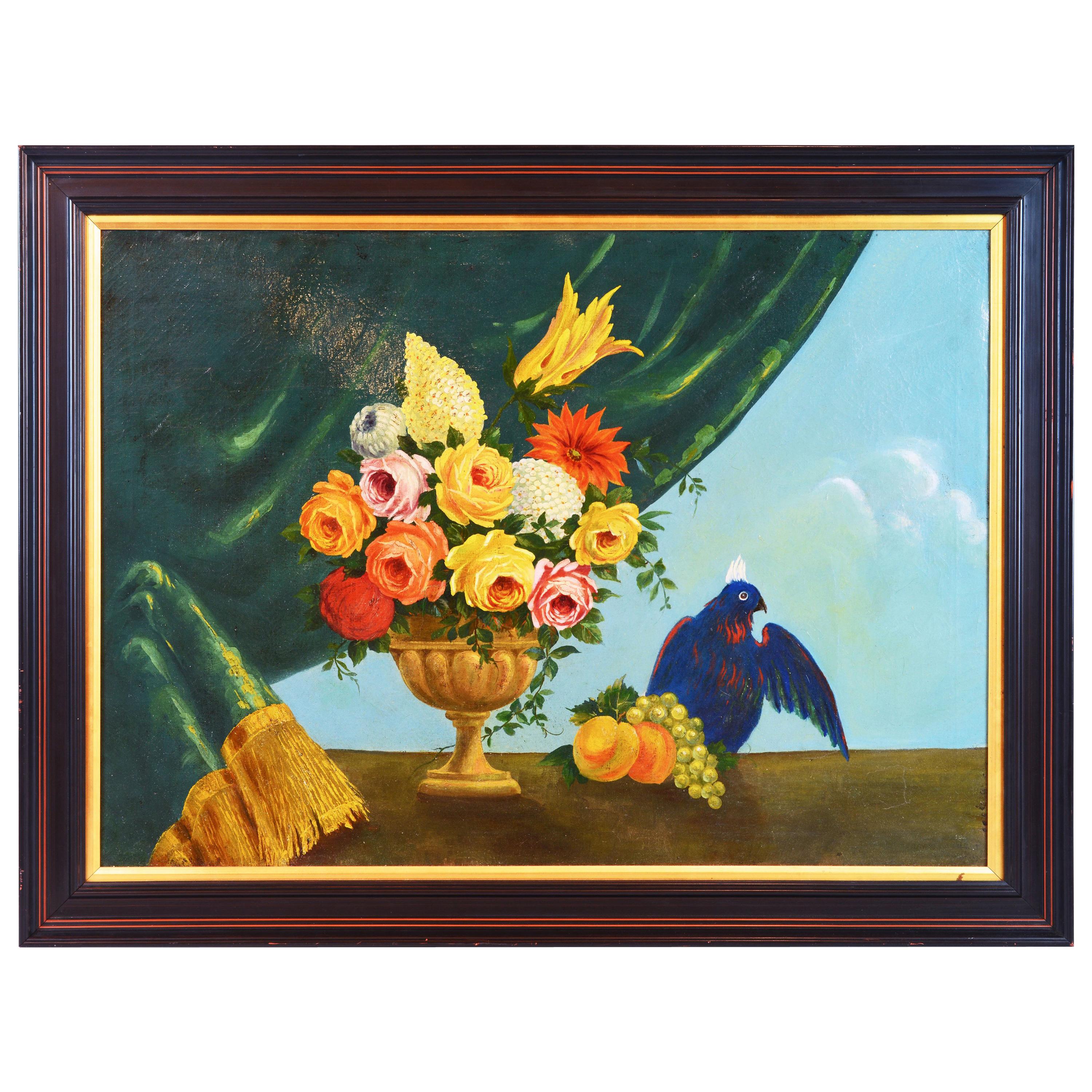 Italian Provincial 19th Century Oil with Flowers, Fruit and Blue Cockatoo