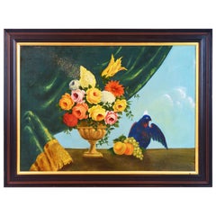Italian Provincial 19th Century Oil with Flowers, Fruit and Blue Cockatoo