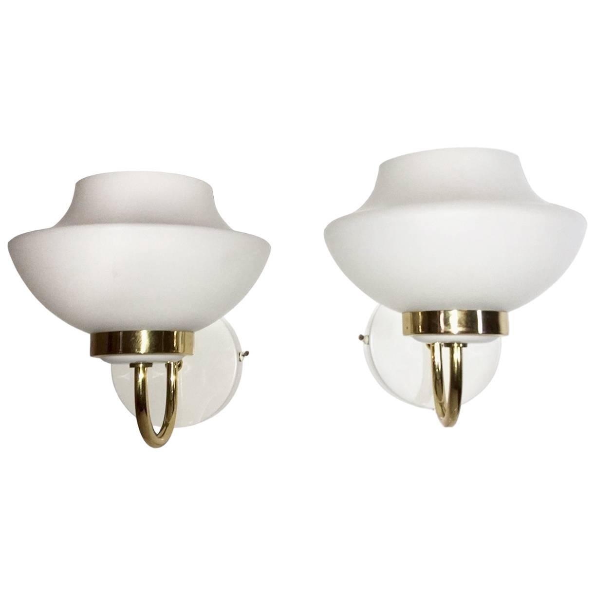 Pair of 1960s Italian UFO Form Milk Glass Shades Sconces For Sale