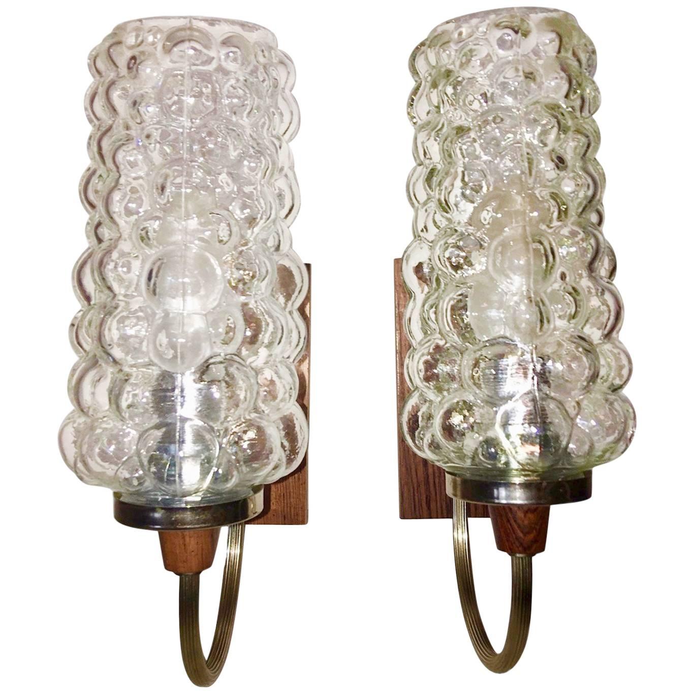 Pair of 1960's Teak Chrome Bubble Glass Sconces Helena Tynell Style  For Sale