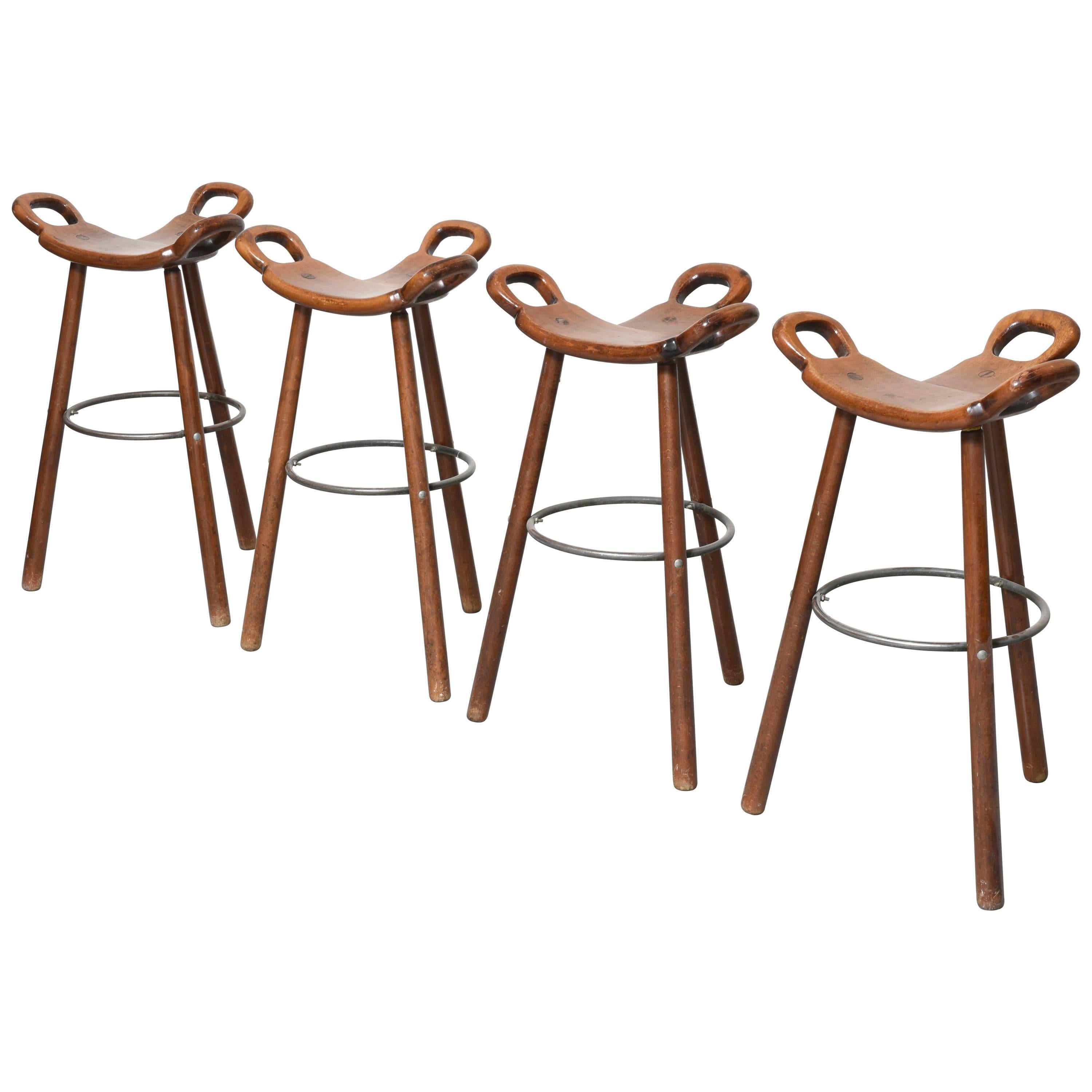 Set of Four Brutalist "Marbella" Bar Stools by Sergio Rodrigues Spain, 1970s
