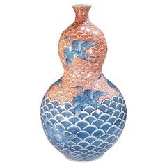 Antique Japanese contemporary Blue Red Porcelain Vase by Master Artist, 2