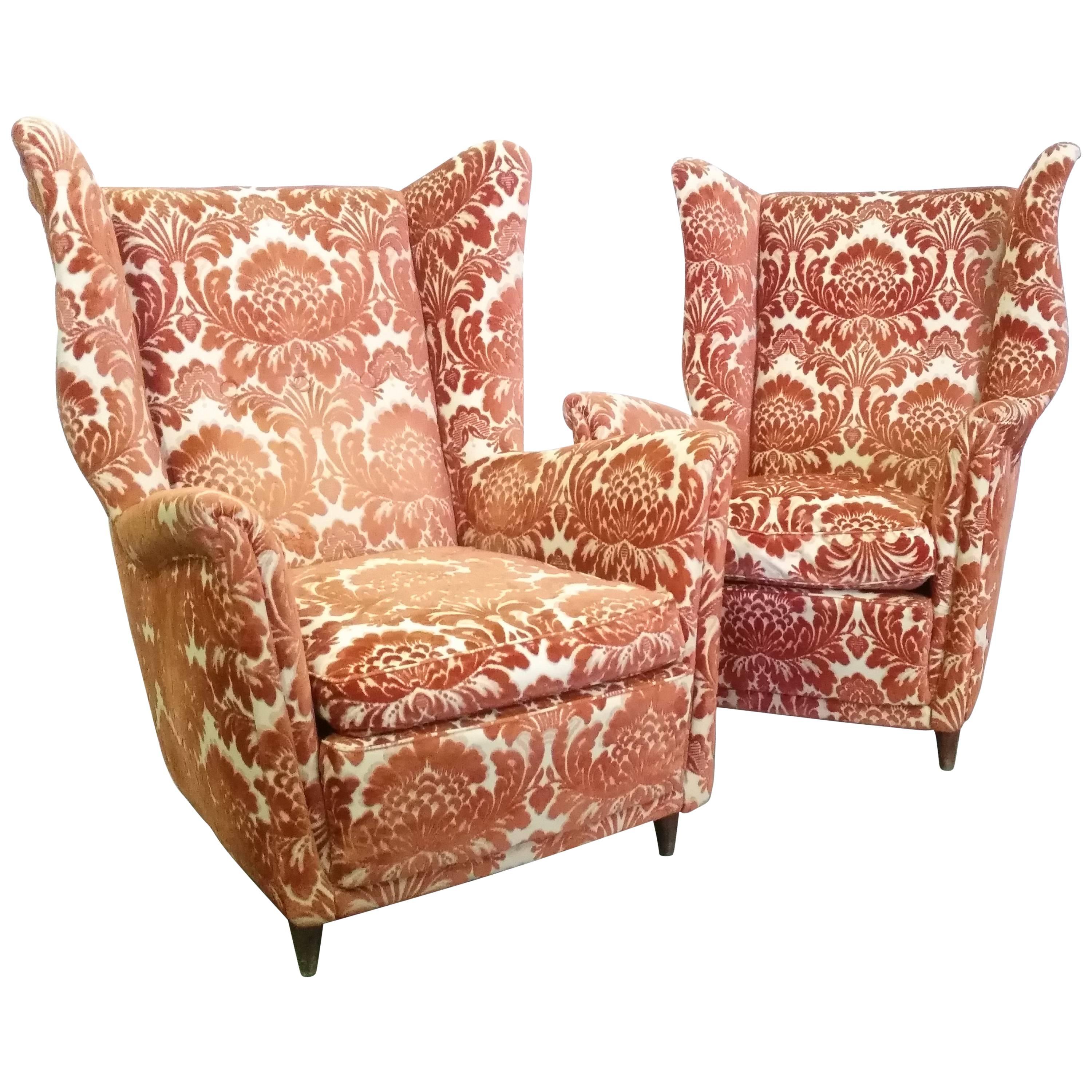 Orange Damask Velvet Wing Armchairs by Melchiorre Bega  For Sale