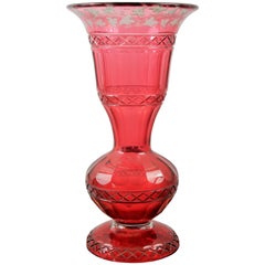 Red Boheme Crystal Vase cup Decorated with Grape Leaves, 19th Century Europe