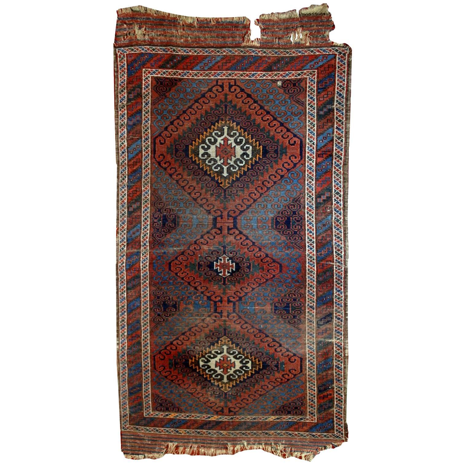 Handmade Antique Collectible Afghan Baluch Rug, 1900s, 1E02 For Sale