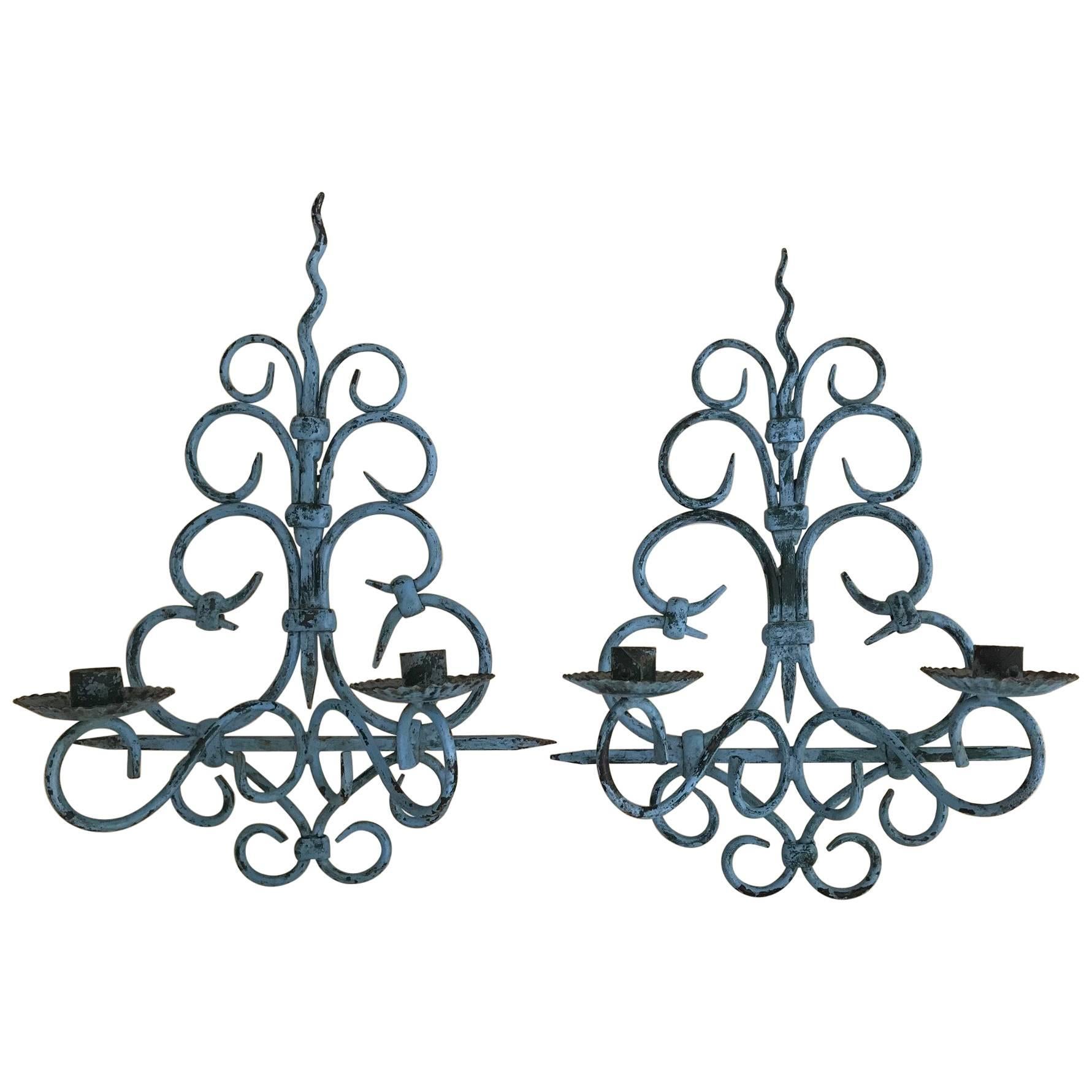 Early 20th Century Pair of French Painted Iron Wall Lights Sconces