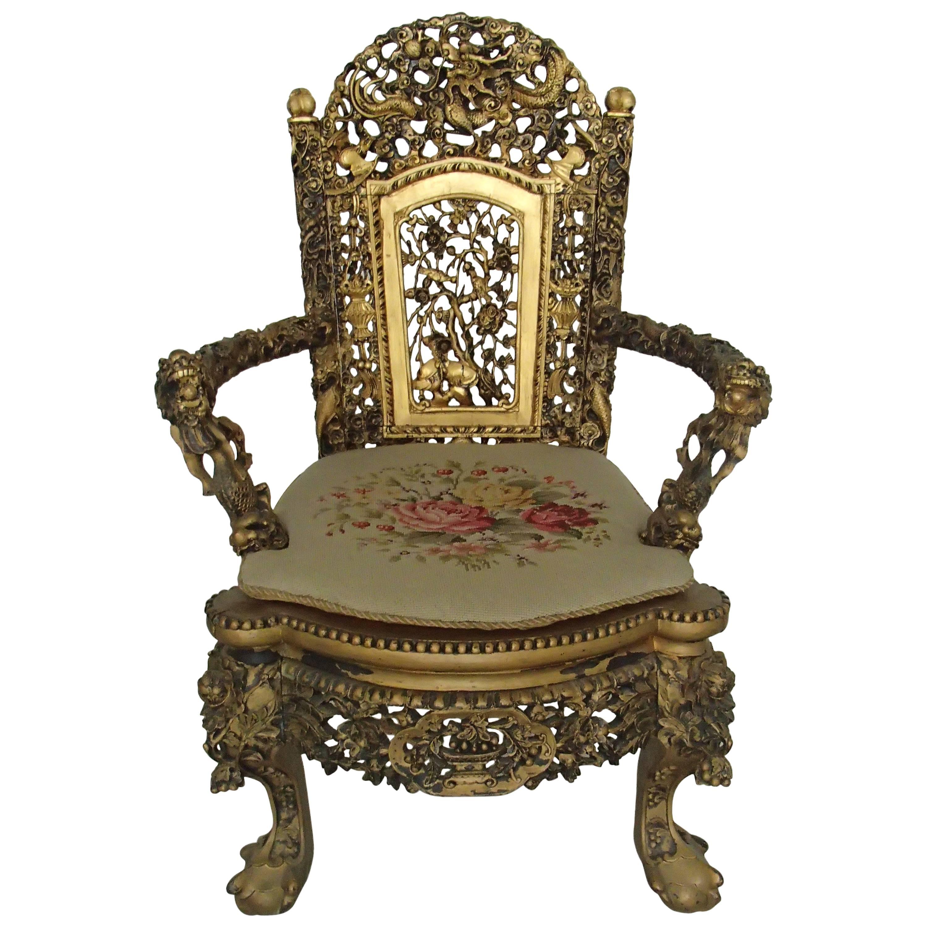 1930 Chinese Armchair Sculpted and Gold-Plated with Goblin