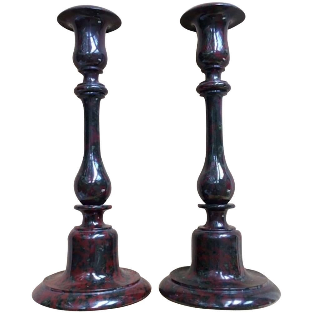 Rare Pair of 19th Century English Serpentine Candlesticks of Burgundy Color For Sale