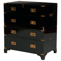 English Brass-Mounted and Ebonized Campaign Style Chest of Drawers, circa 1950