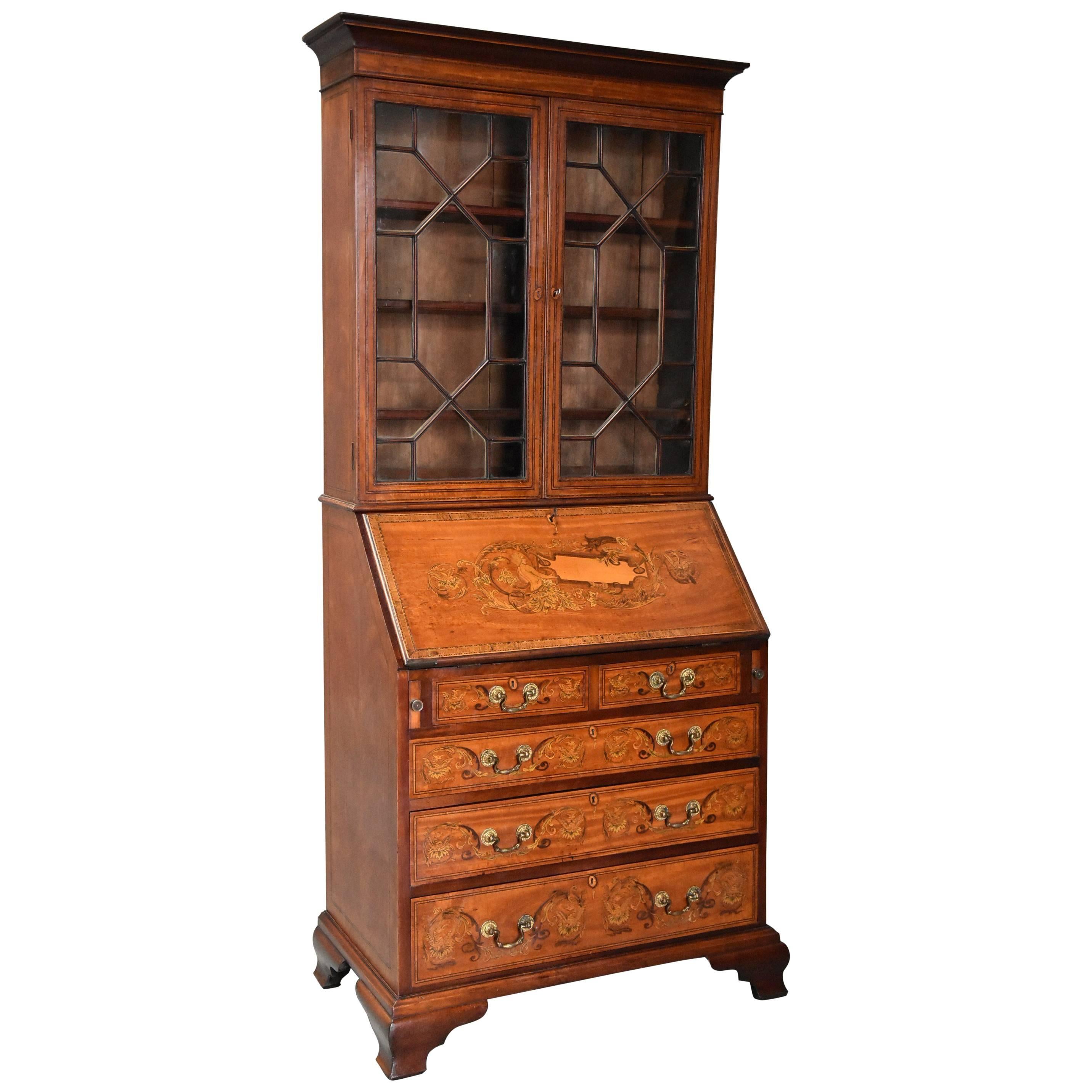 English 19th Century Satinwood, Mahogany and Marquetry Inlaid Bureau Bookcase