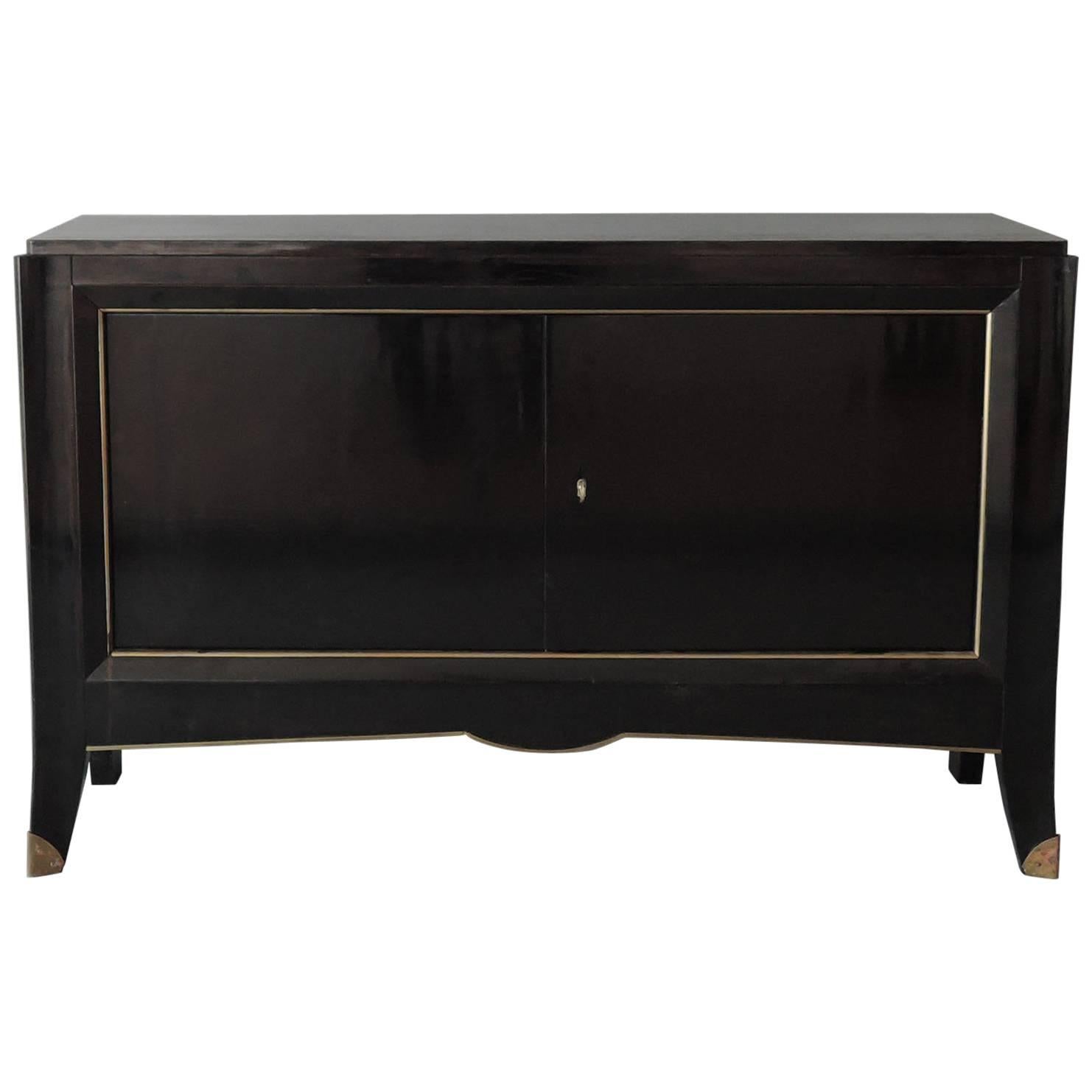 French Art Deco Black Lacquered Two Door Buffet/Commode with Bronze Details 