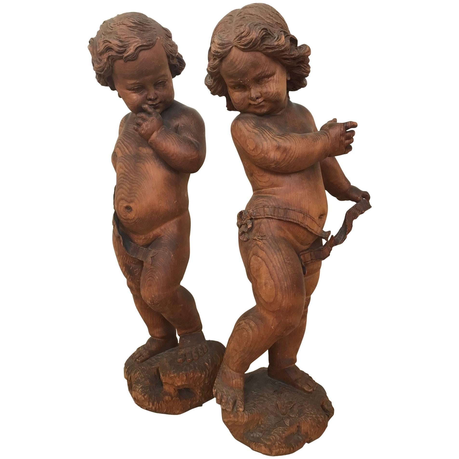19th Century Pair of Putti Wooden Sculptures by Valentino Besarel Panciera Venic For Sale