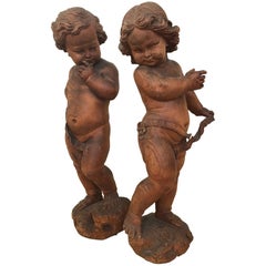 19th Century Pair of Putti Wooden Sculptures by Valentino Besarel Panciera Venic