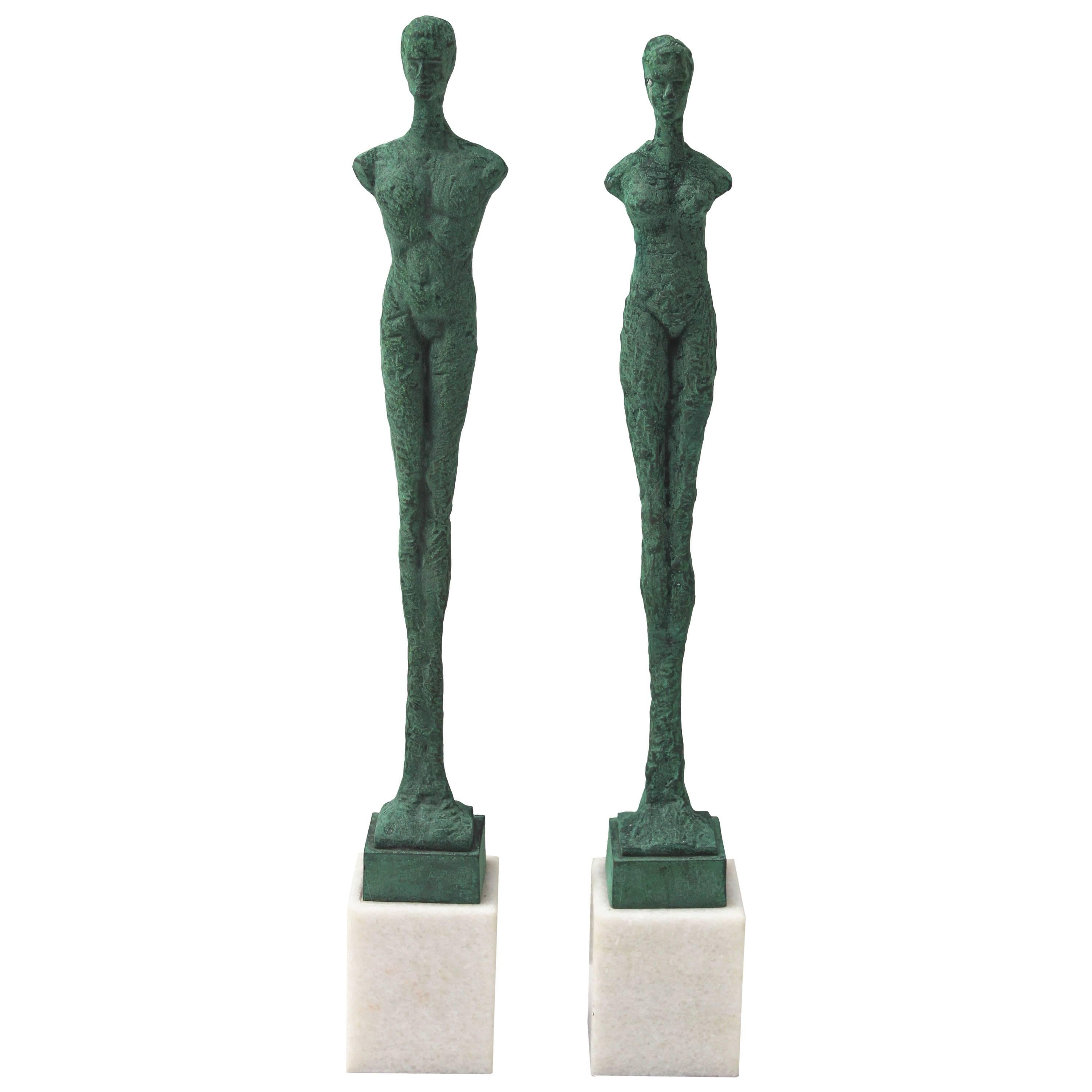 Pair of Patinated Bronze Giacometti Style Sculptures