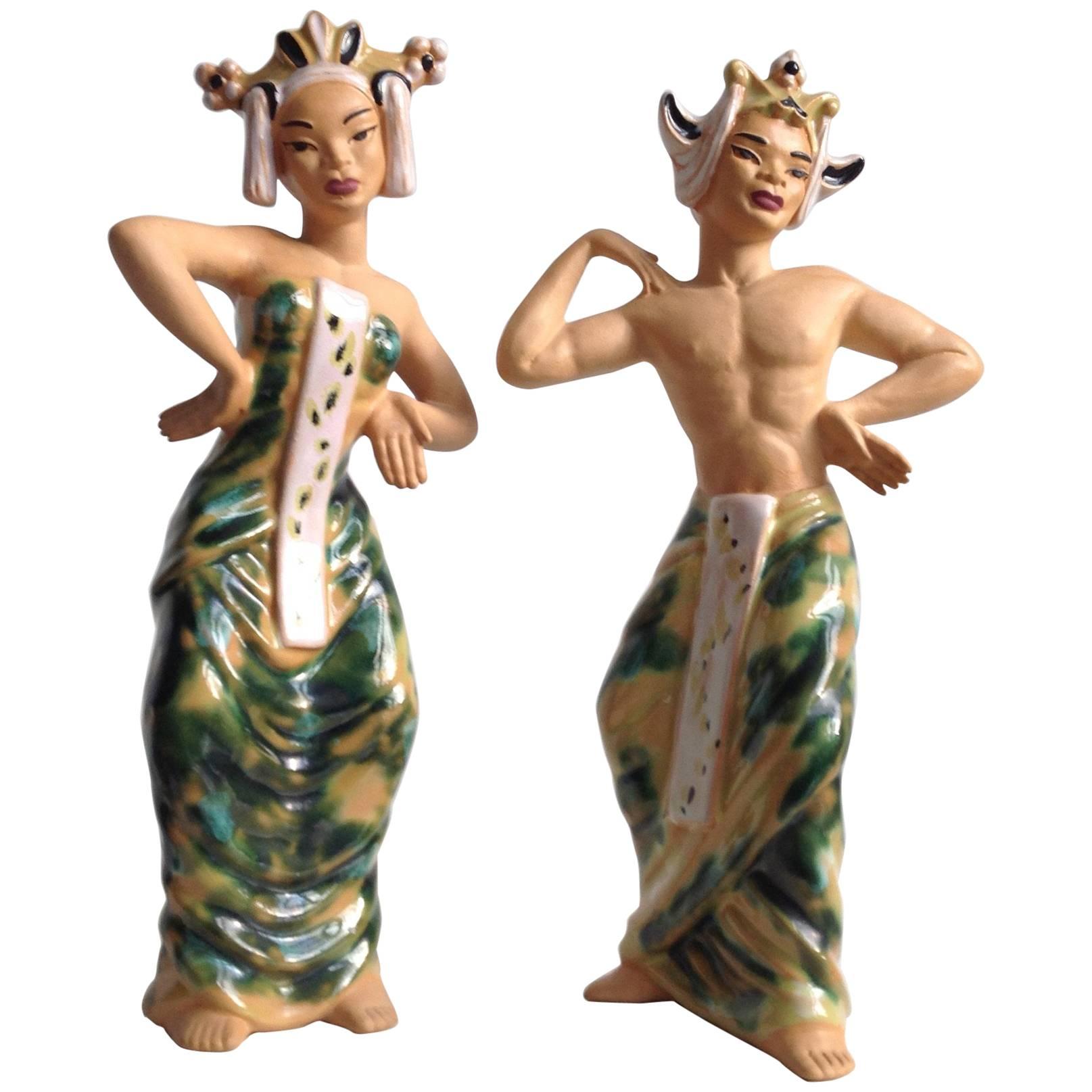Balinese Dance Couple, Polychrome Pottery, American, 1950s For Sale
