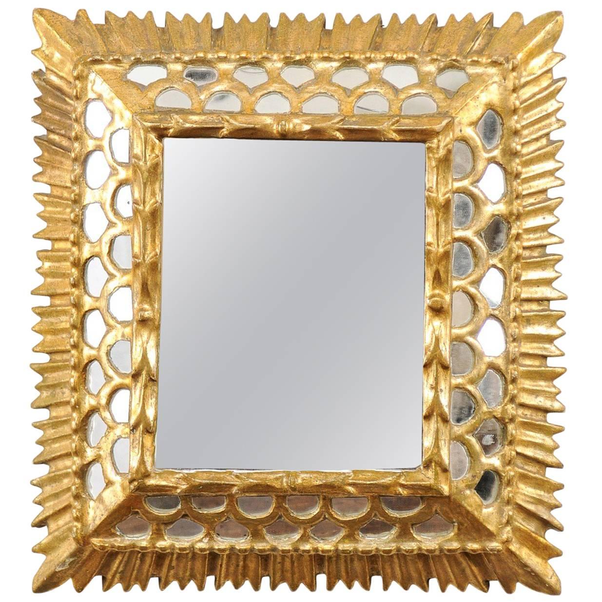 Small European Gilded Mirror with Raised Centre and Honeycomb Pattern Surround