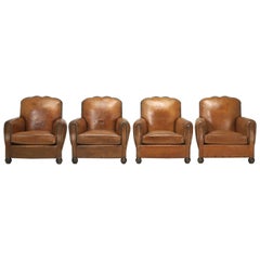 French Leather Club Chairs, Set of Four and Beautifully Restored