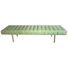 Long Chrome and Tufted Leather Bench