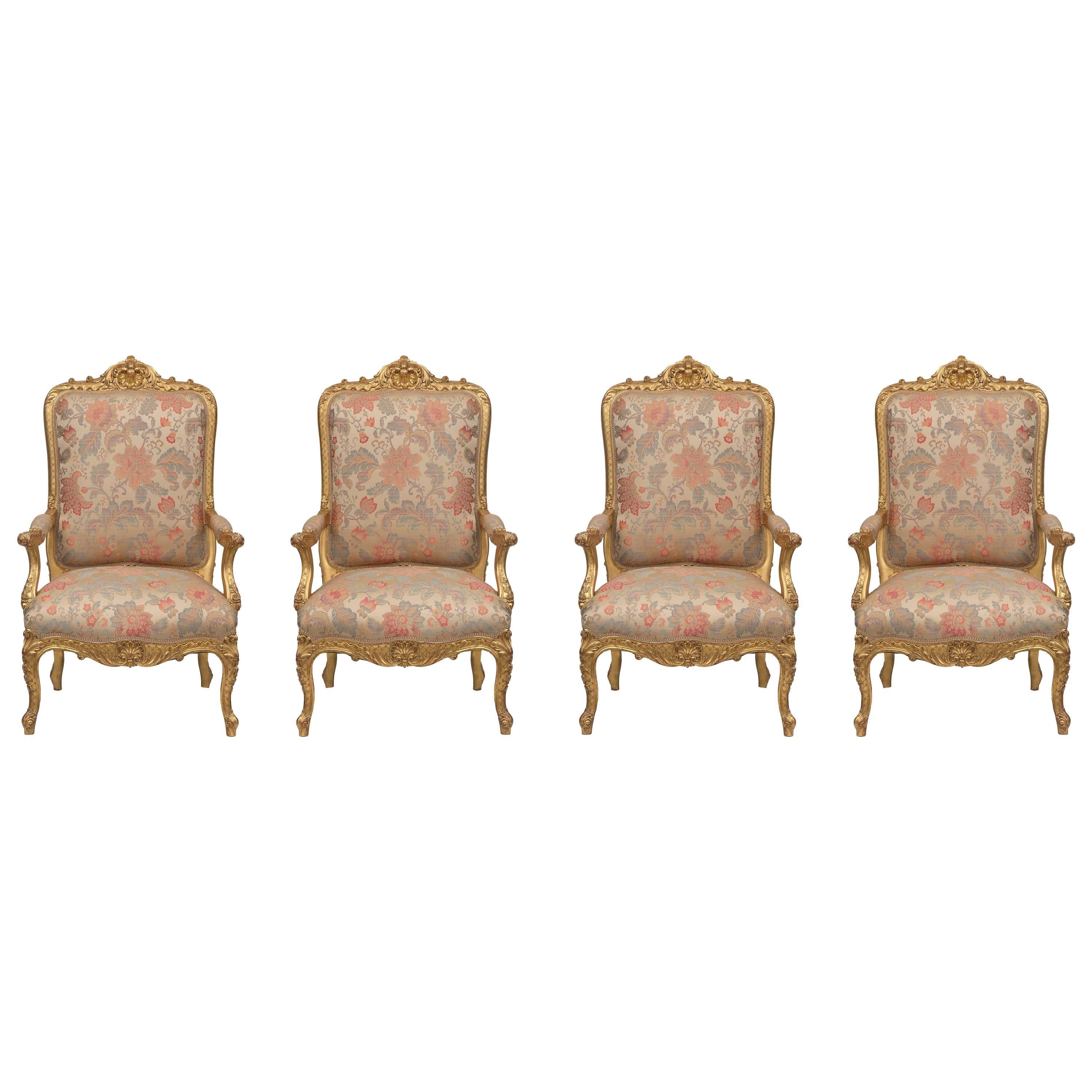 Set of Four French 19th Century Louis XV St. Giltwood High Back Armchairs