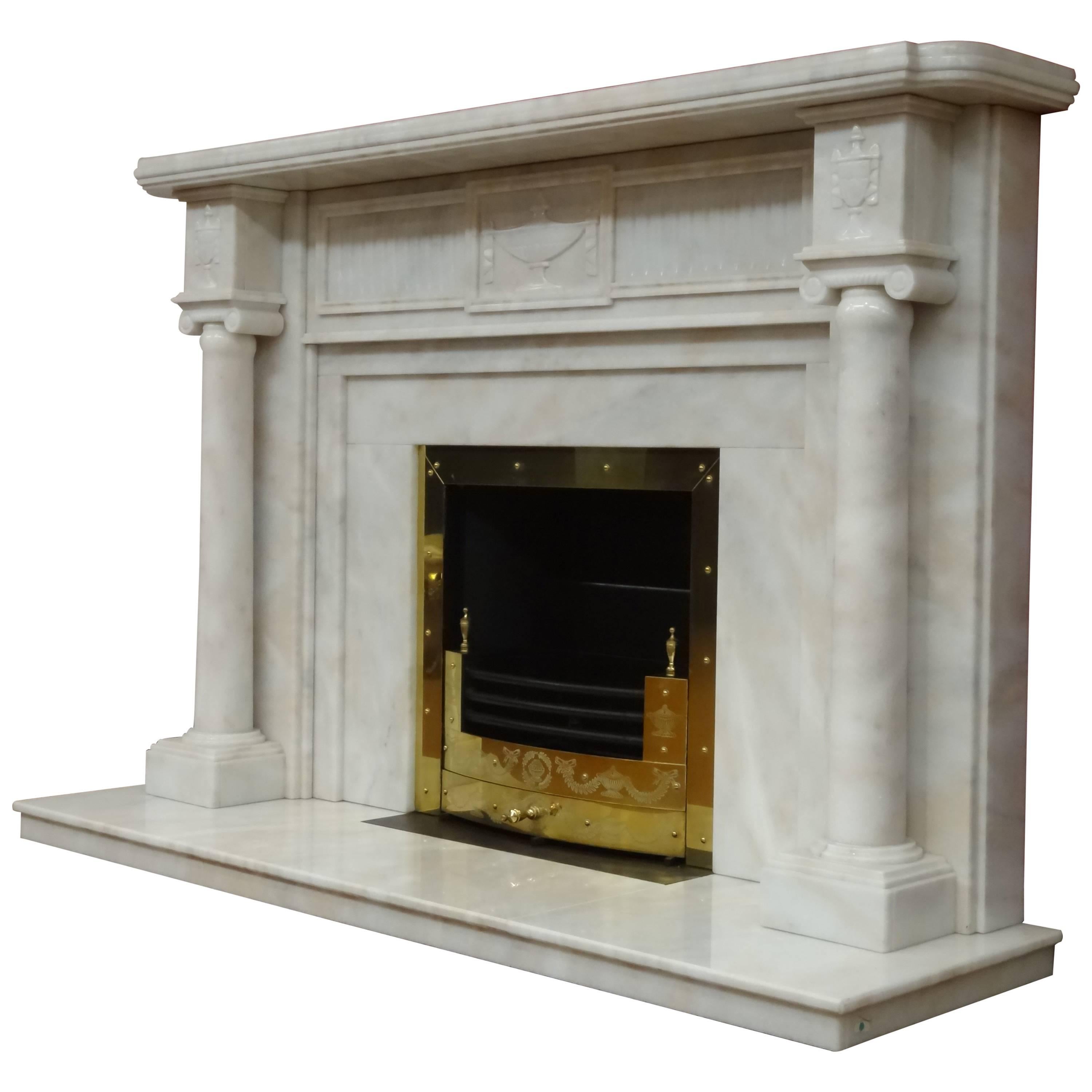 Irish 21st Century Carved Marble Adam Style Fireplace with Brass Fire Basket For Sale