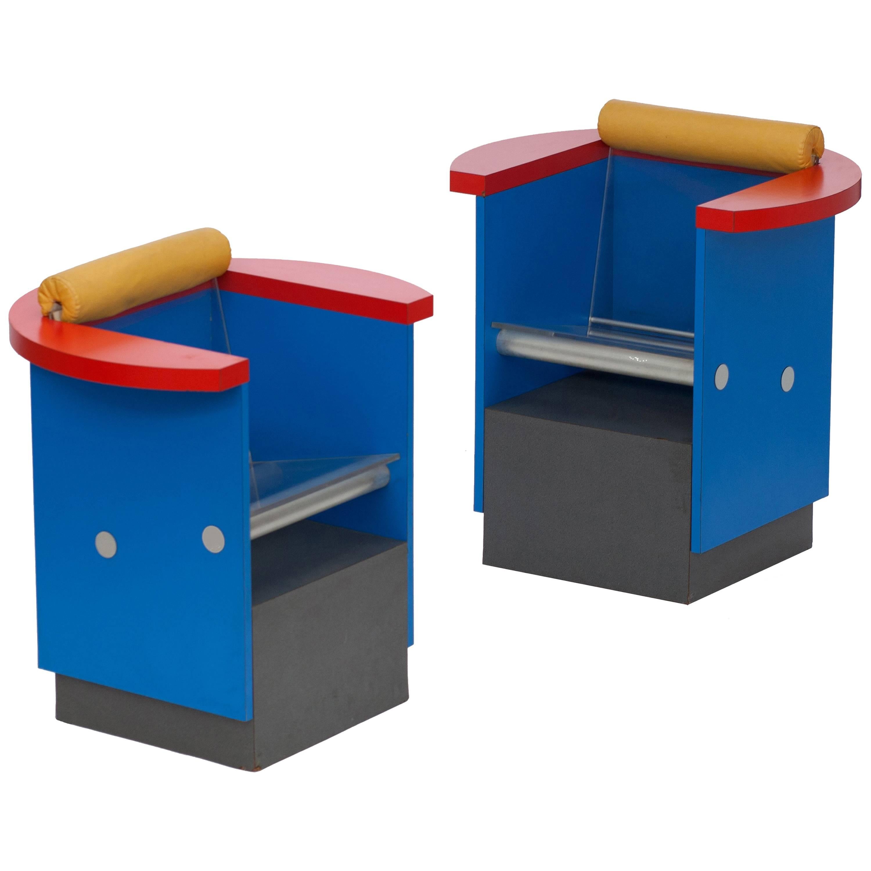 Memphis style Unusual Pair of Blue, Red and Yellow Chairs