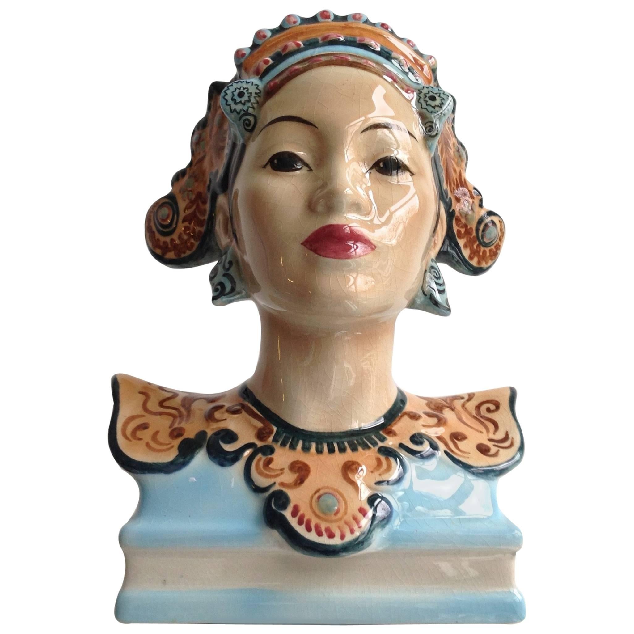 Goldscheider Polychrome Pottery Bust of a Balinese Dancer by Helen Liedloff For Sale
