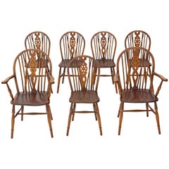 Vintage Set of Seven Beech and Elm Windsor Kitchen Dining Chairs