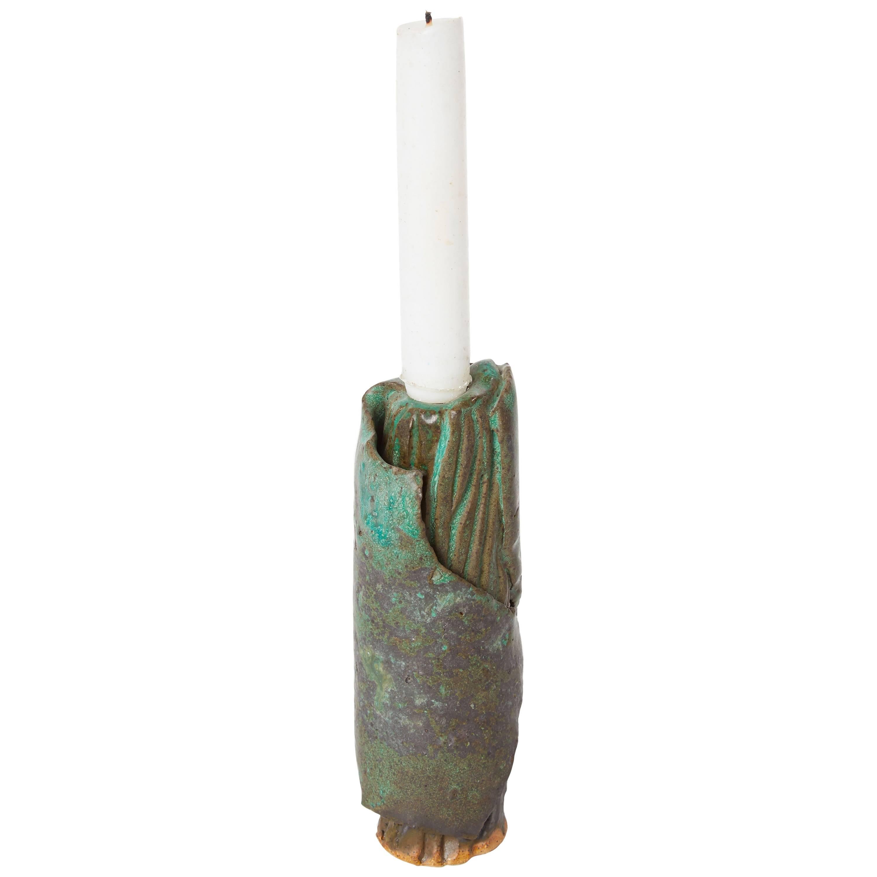 American Midcentury Green Studio Pottery Candlestick For Sale
