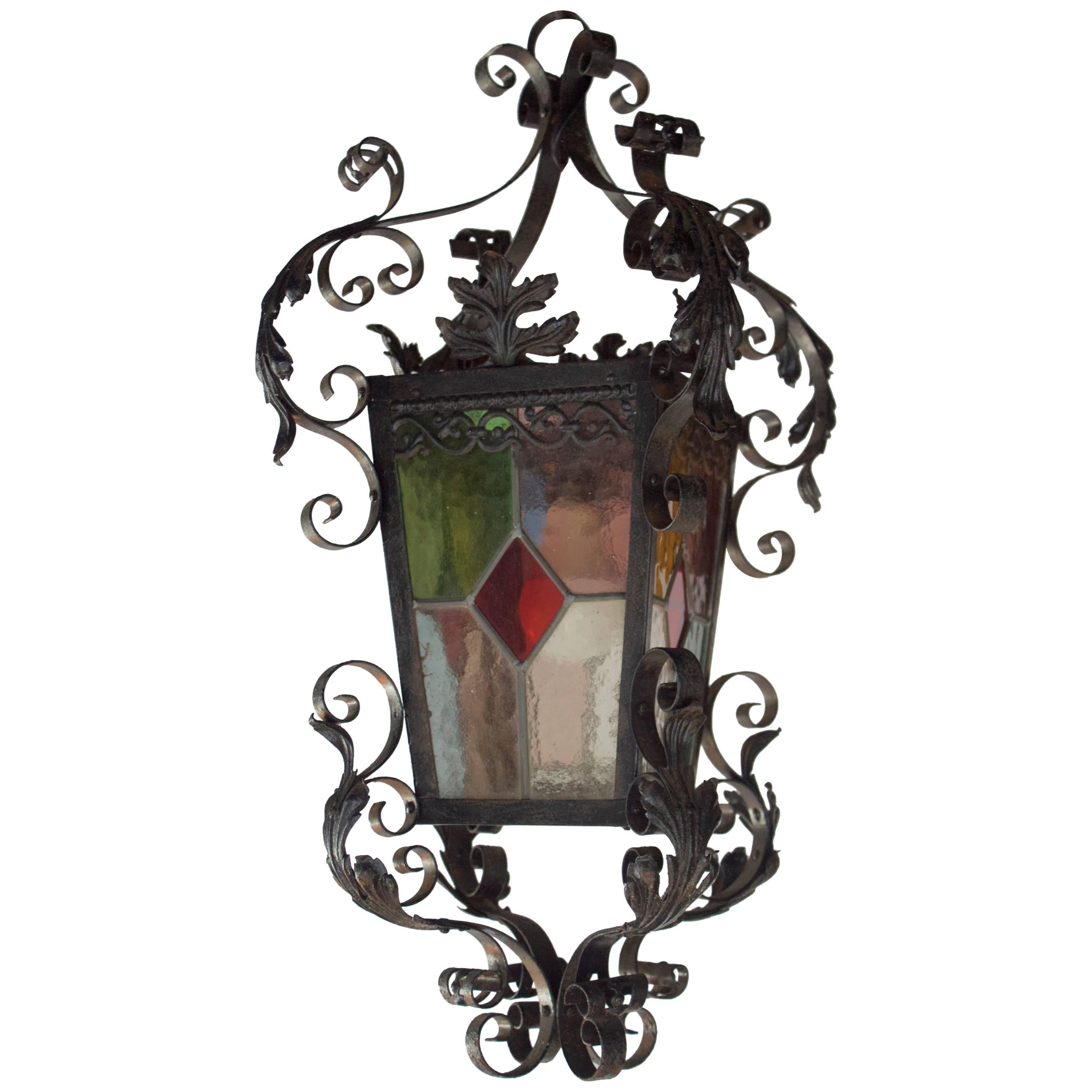 Antique French Lantern in Iron and Stained Glass Panels For Sale