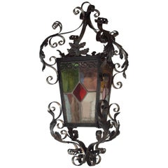 Antique French Lantern in Iron and Stained Glass Panels