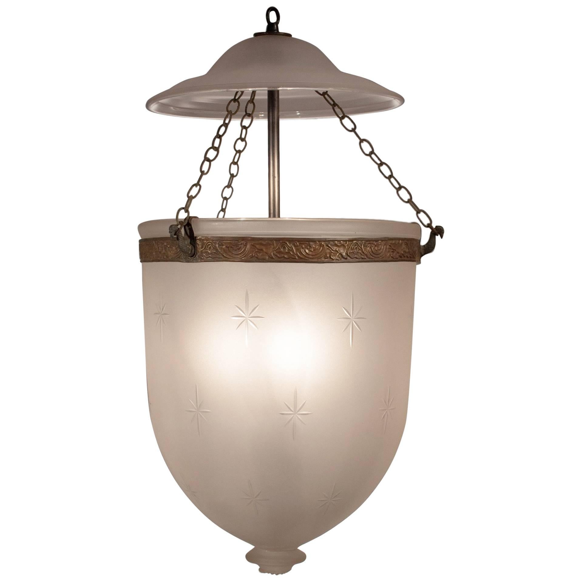 Large 19th Century Frosted Glass Bell Jar Lantern with Star Motif