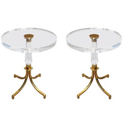 Used Pair of Regency Style Lucite and Brass Side Tables by Charles Hollis Jones