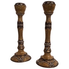 Pair of 19th Century Enamelled and Inlaid Strass Candlesticks