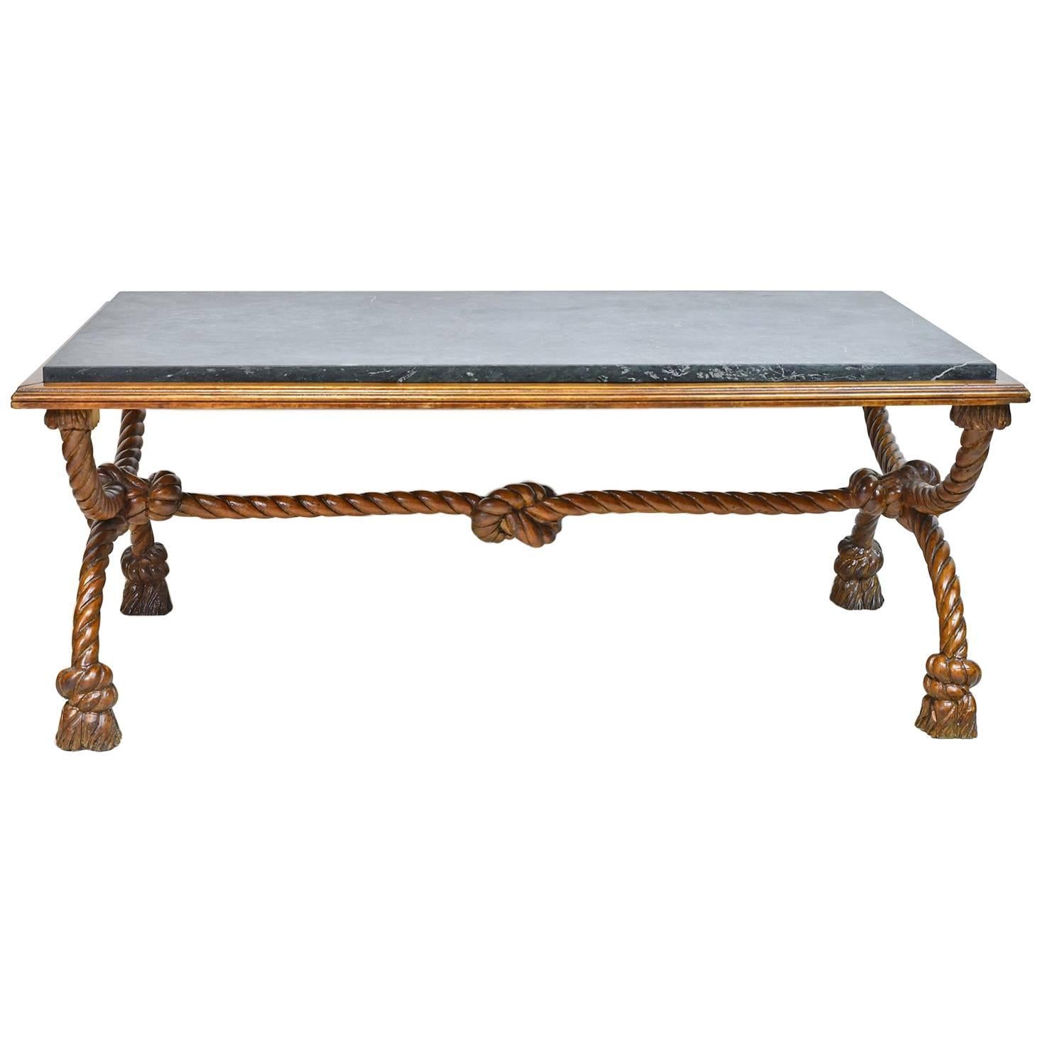 Small Rectangular Coffee Table with Carved Trestle Base & Green Marble Top