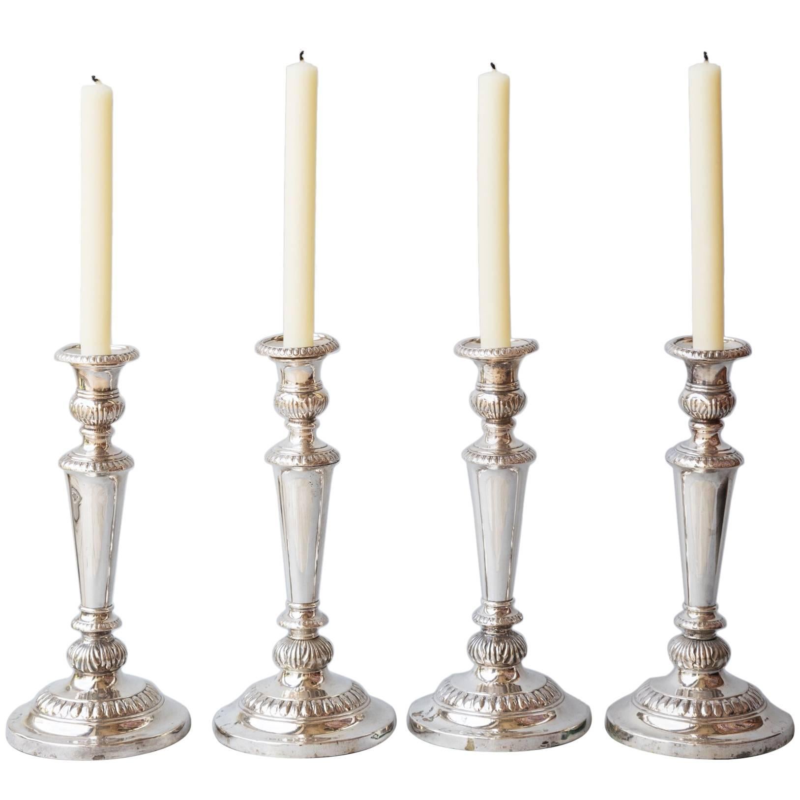 Set of Four English George III Style Sheffield Silver Plate Candlesticks For Sale