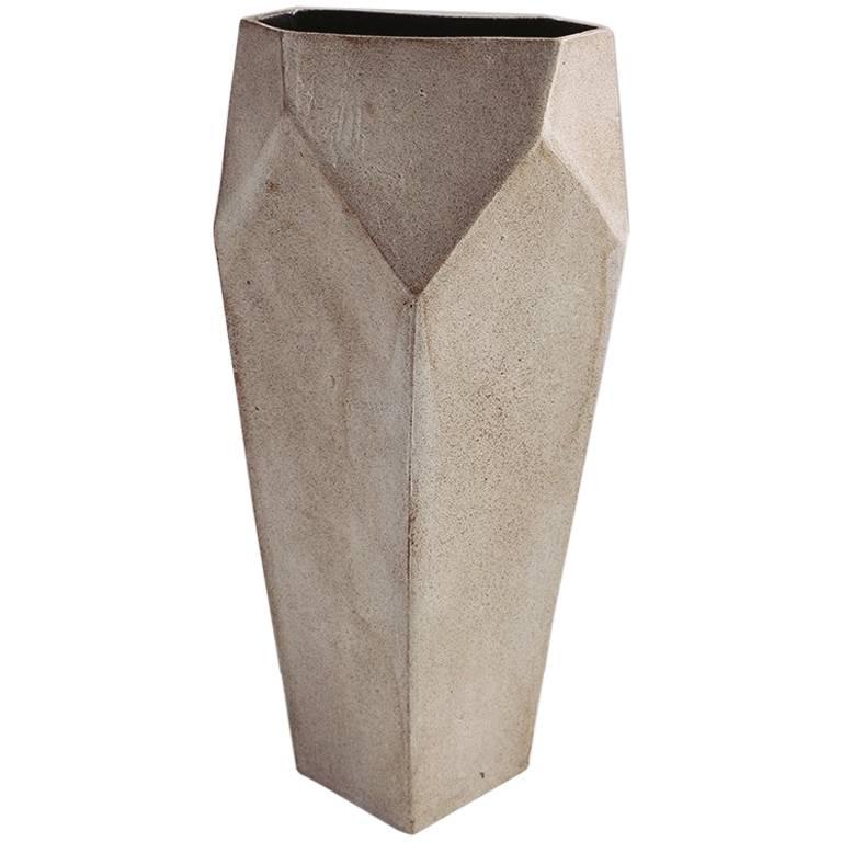 Facet Stony Gray and Black Tall Modern Geometric Ceramic Tower Vase, In Stock