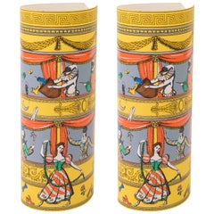 Barnaba Fornasetti pair of printed and colored perspex table lamps, Italy 1995