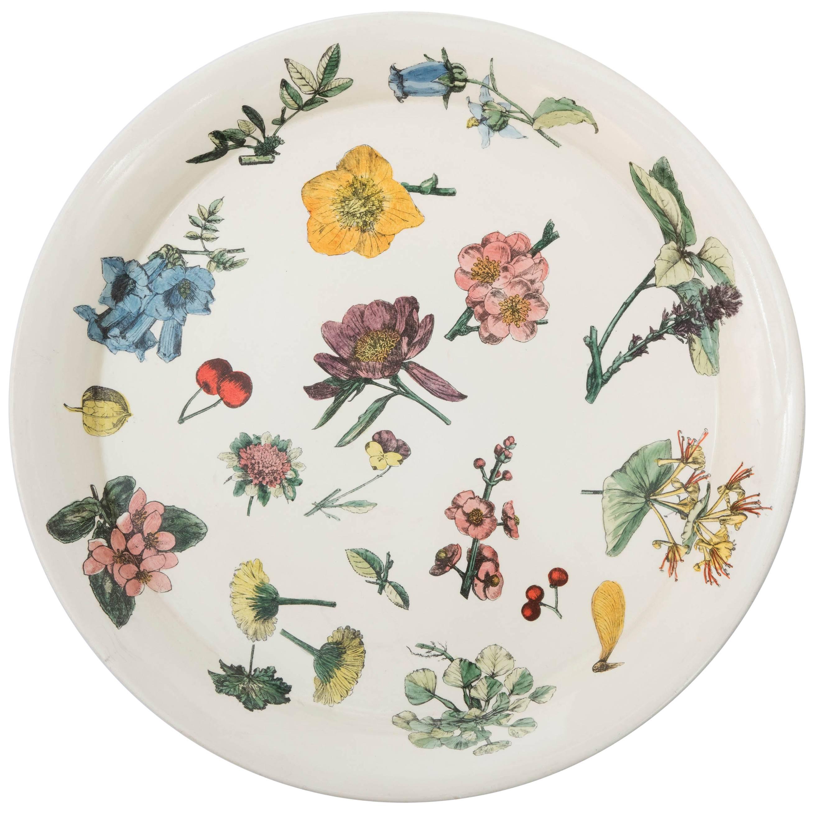 Piero Fornasetti metal tray with flora on a white background, Italy, circa 1950 For Sale