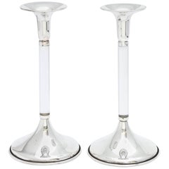 Pair of Mid-Century Modern Sterling Silver-Mounted Lucite Candlesticks