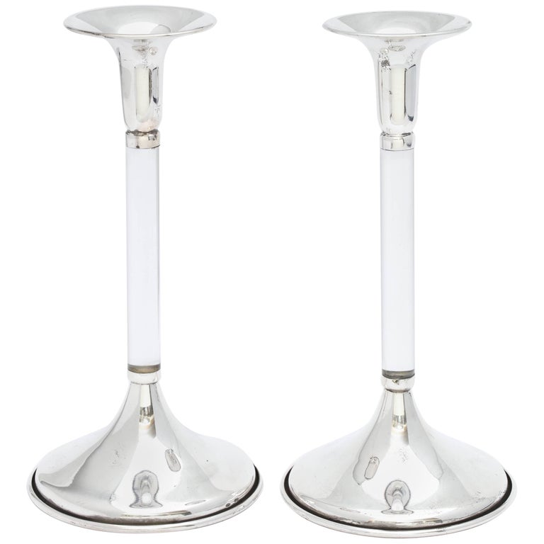 Pair of MidCentury Modern Sterling SilverMounted Lucite Candlesticks