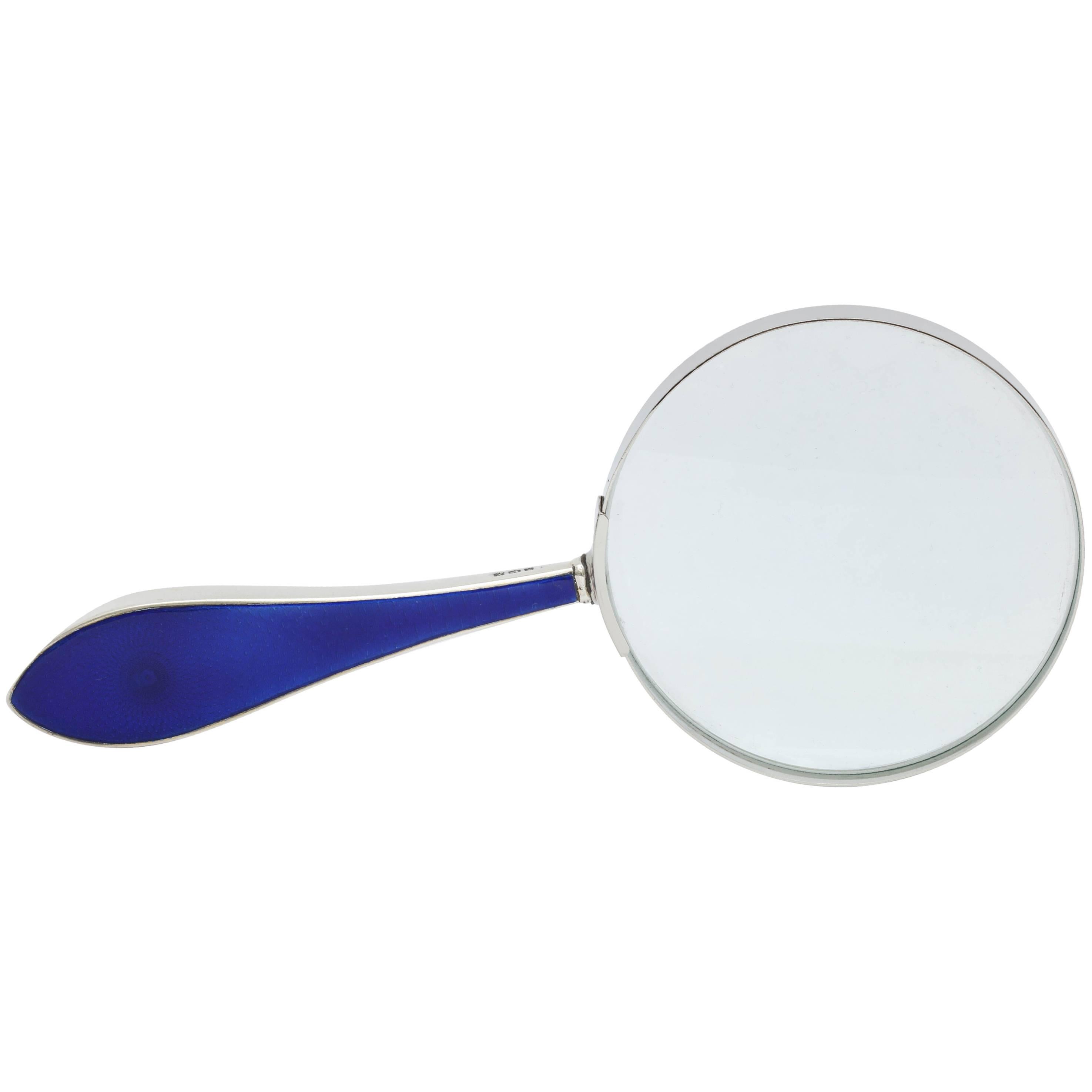 Art Deco Sterling Silver-Mounted Cobalt Blue Guilloche Enamel Magnifying Glass