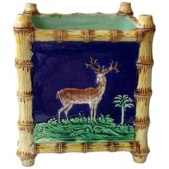 English Majolica Bamboo Jardiniere with Stag and Greyhound, circa 1880