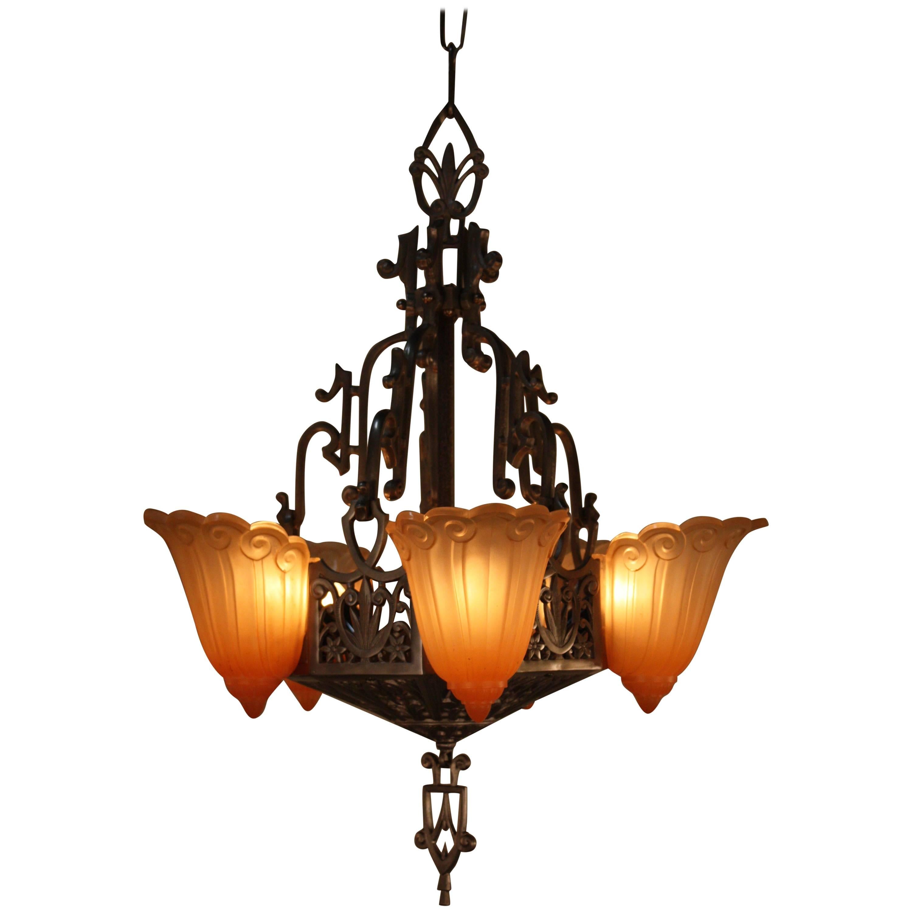 American Art Deco Five-Light Slip Shade Chandelier by Lincoln