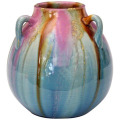 Awaji Pottery Art Deco Studio Japanese Pink Turquoise Flambe Drip Vase