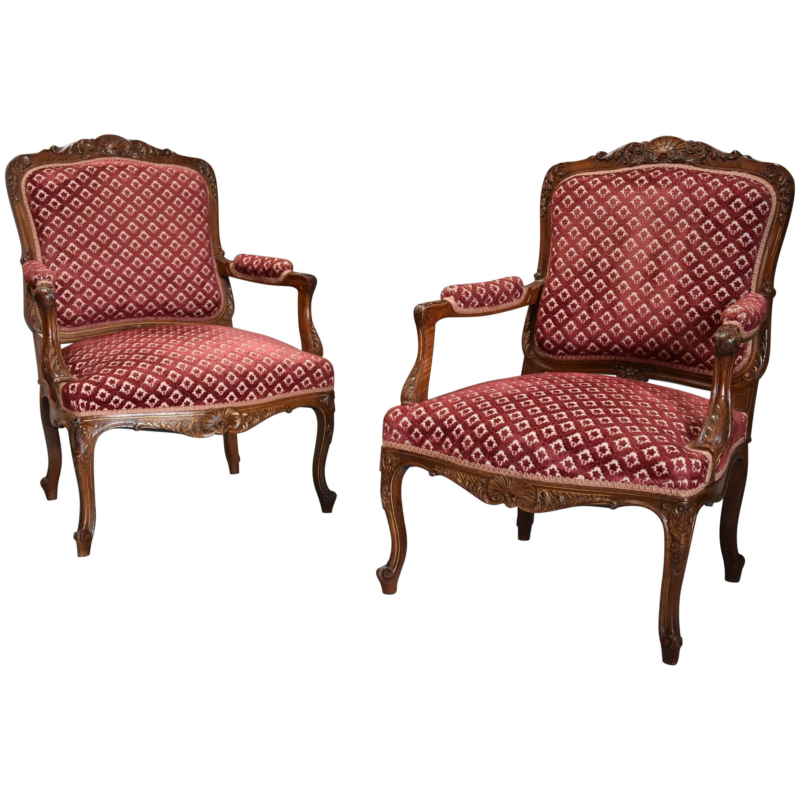 Pair of Late 19th Century French Walnut Fauteuils, Open Armchairs in the Louis