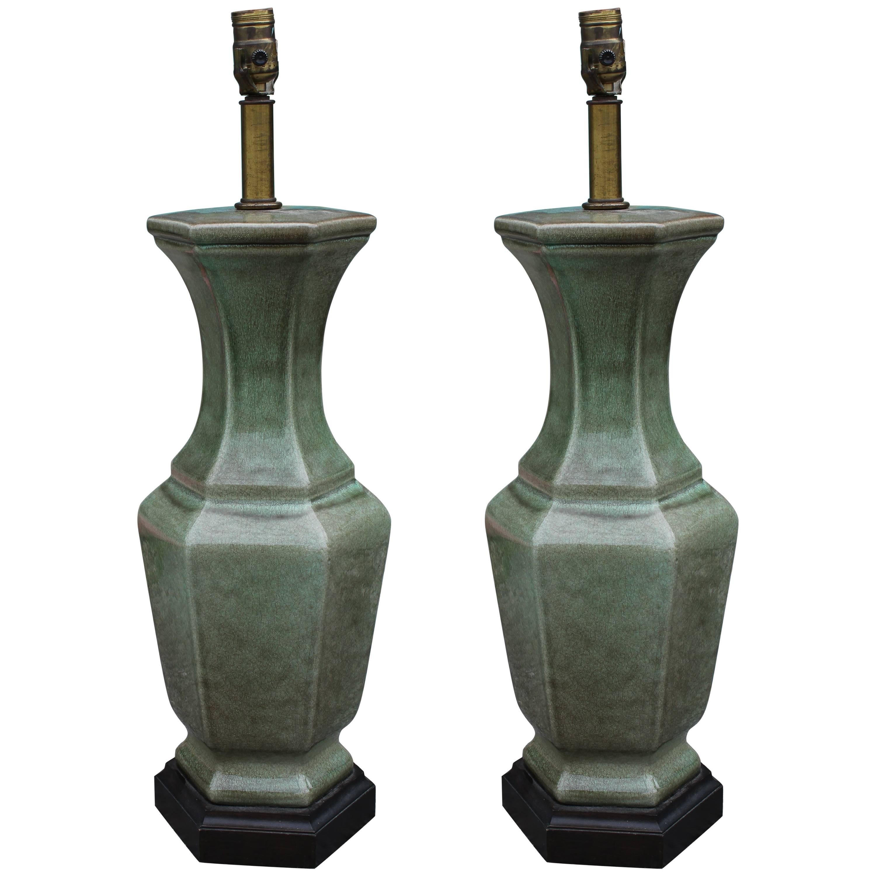 Pair of Frederick Cooper Green Glazed Ceramic Vase Table Lamps